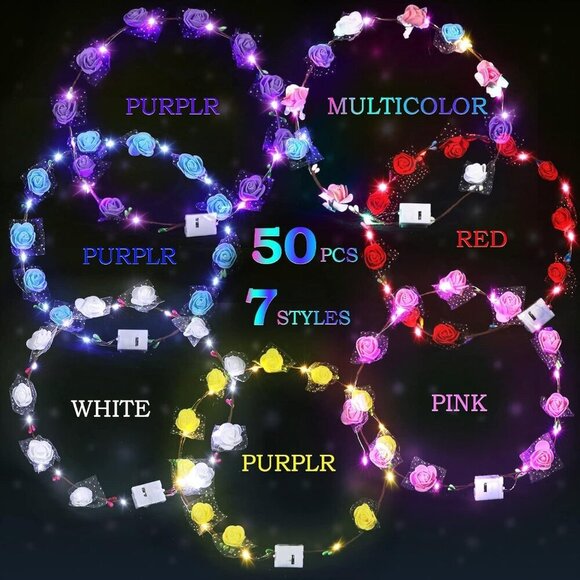 LED Flower Crowns 50 Pcs Colorful Light Up Hair Wreaths for Parties Weddings main image 7